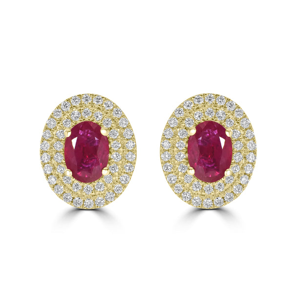 1.56ct Ruby Earrings with 0.48tct Diamond set in 14K Yellow Gold