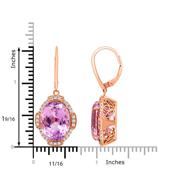 26.84ct Kunzite earrings with 0.62ct diamonds set in 14K rose gold