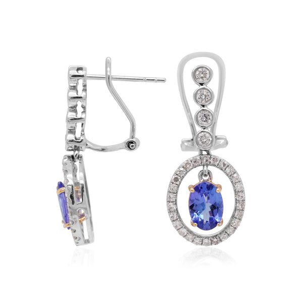 1.60tct Tanzanite earrings with 0.67tct diamonds set in 14K two tone gold