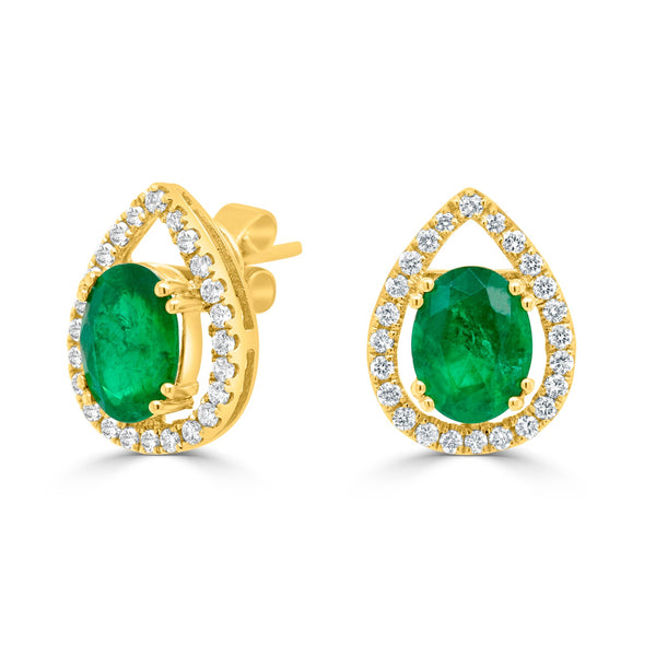 2.46ct Emerald Stud earrings with 0.35ct diamonds set in 14K yellow gold