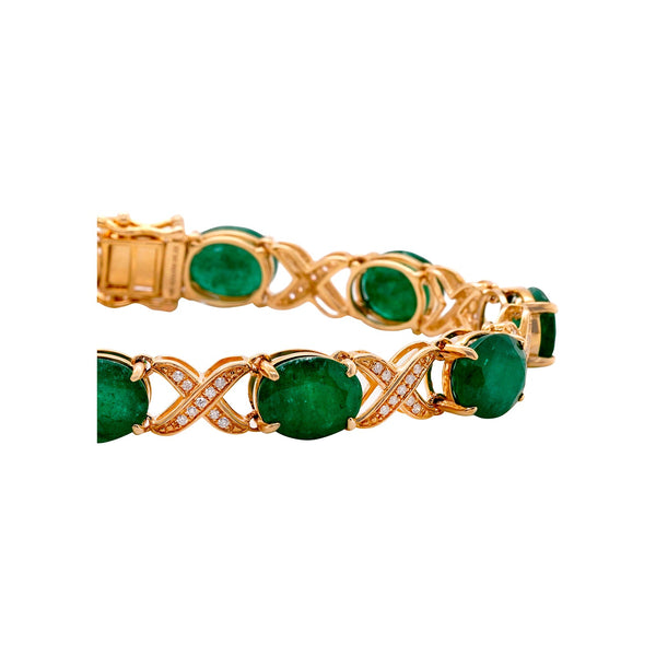 24.70 ct Emerald bracelet with 0.40 ct diamonds set in 14K yellow gold