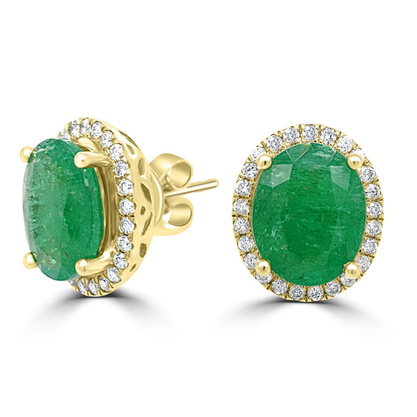 4.69Tct Emerald Stud Earrings With 0.36Tct Diamonds Set In 14K Yellow Gold