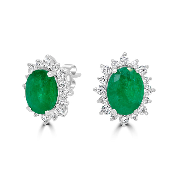 3.39Tct Emerald Stud Earrings With 0.64Tct Diamonds Set In 14K White Gold