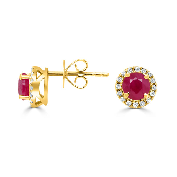 1.37Tct Ruby Stud Earrings With 0.17Tct Diamonds Set In 14K Yellow Gold