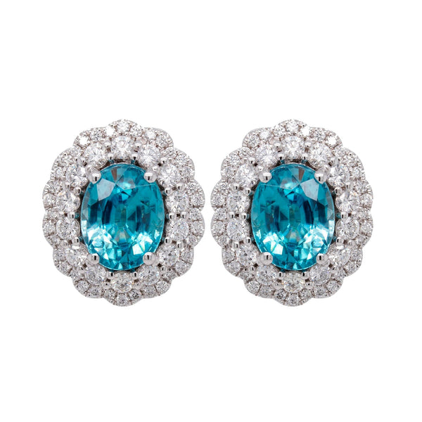 6.64ct Blue Zircon Stud Earring With 1.15tct Diamonds Set In 14kt White Gold