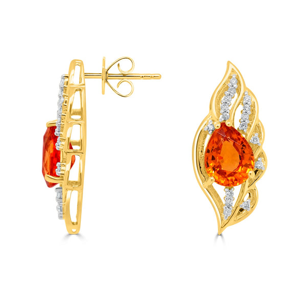 3.44tct Spessartite Earring with 0.14tct Diamonds set in 14K Yellow Gold