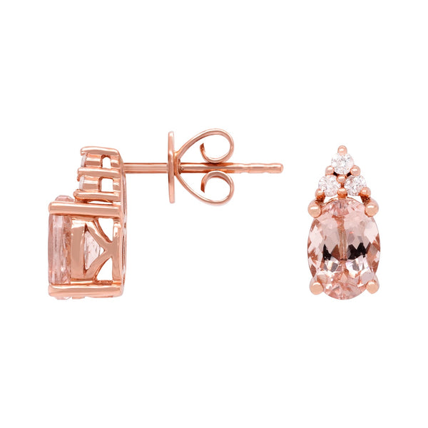 1.73tct Morganite Stud earrings with 0.09tct diamonds set in 14K rose gold