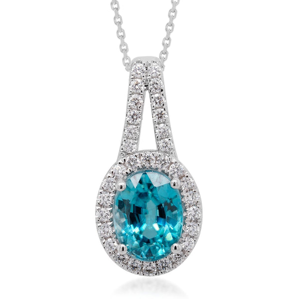 2.97ct Blue Zircon Pendant With 0.30tct Diamonds Set In 14kt White Gold