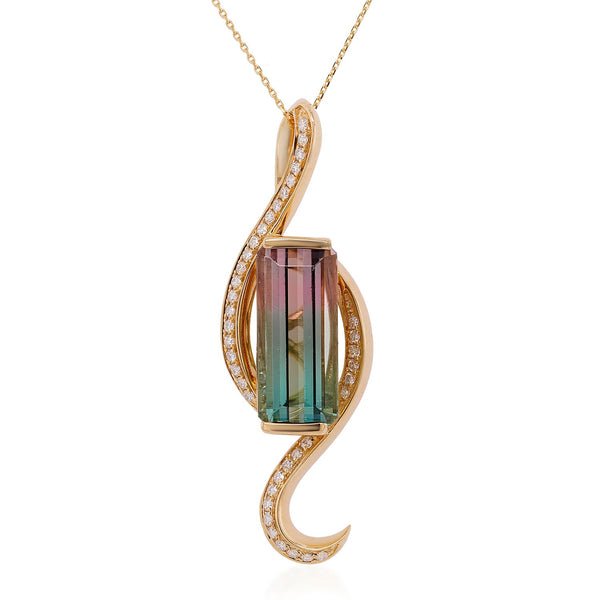 6.59ct Tourmaline pendant with 0.31tct diamonds set in 14K yellow gold