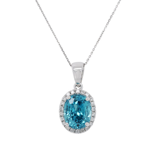 4.25ct Blue Zircon pendant with diamonds 0.17tct diamonds set in 14K white gold