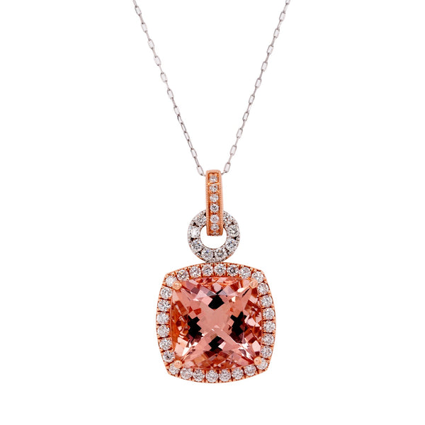 11.01ct Morganite pendant with 0.99tct diamonds set in 14K two tone gold