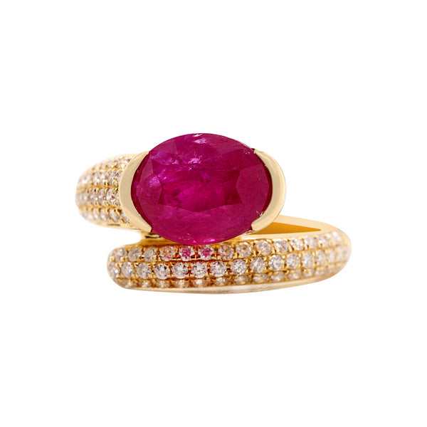 3.44Ct Ruby Ring And 0.54Tct Diamond Pave Wrap Around In 14Kt Yellow Gold