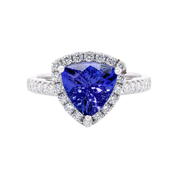 Trillion 2.16ct Tanzanite Ring With 0.38tct Diamond Halo In 14Kt White Gold