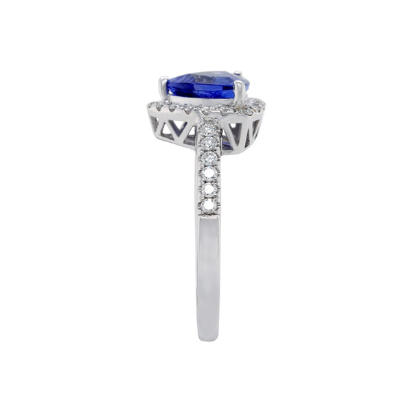 Trillion 2.16ct Tanzanite Ring With 0.38tct Diamond Halo In 14Kt White Gold