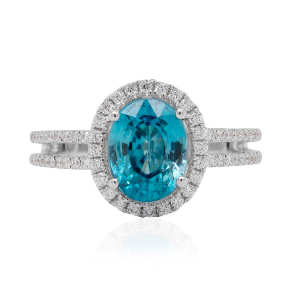 3.50ct Blue Zircon Ring With 0.34tct Diamonds Set In 14kt White Gold