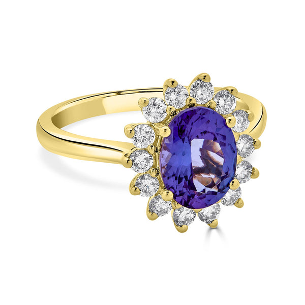 2.05ct Tanzanite ring with 0.52tct diamonds set in 14K yellow gold