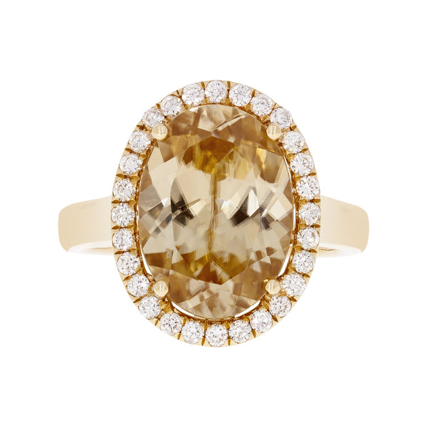 8.42ct Golden Zircon ring with 0.38tct diamonds set in 14kt yellow gold