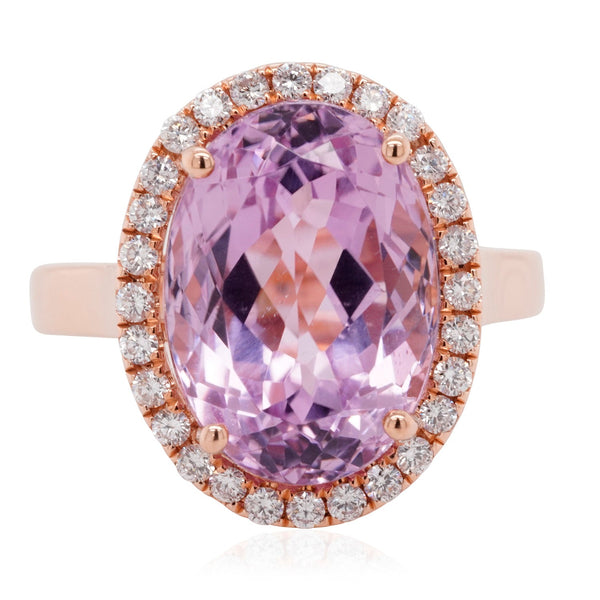 8.44ct Kunzite ring with 0.34tct diamonds set in 14K rose gold