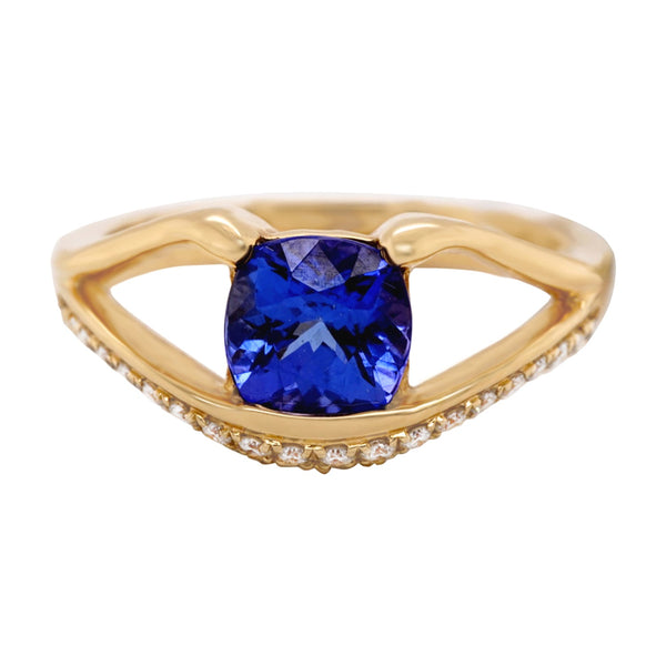 Cushion Cut 1.50Ct Tanzanite Ring With Split Shank 0.36Tct Diamond Pave 14Kt Yellow Gold Band