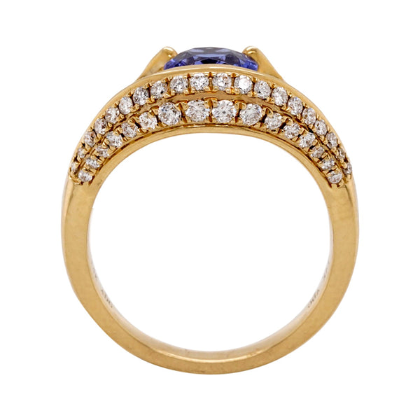 Cushion Cut 1.50Ct Tanzanite Ring With Split Shank 0.36Tct Diamond Pave 14Kt Yellow Gold Band