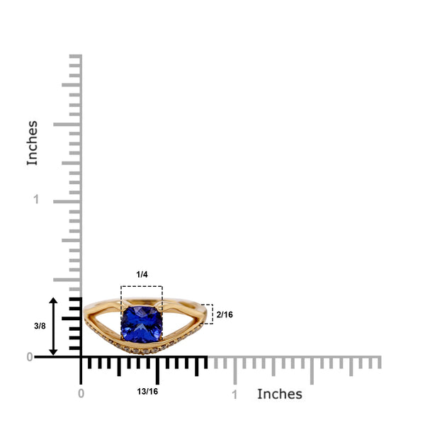 Cushion Cut 1.50Ct Tanzanite Ring With Split Shank 0.36Tct Diamond Pave 14Kt Yellow Gold Band