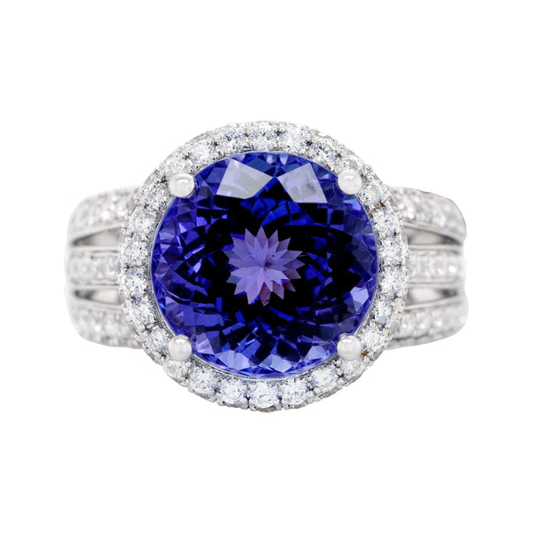 7.29Ct Tanzanite And 1.59ct Diamond Halo Pave 14ct White Gold Band