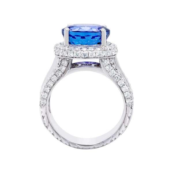 7.29Ct Tanzanite And 1.59ct Diamond Halo Pave 14ct White Gold Band