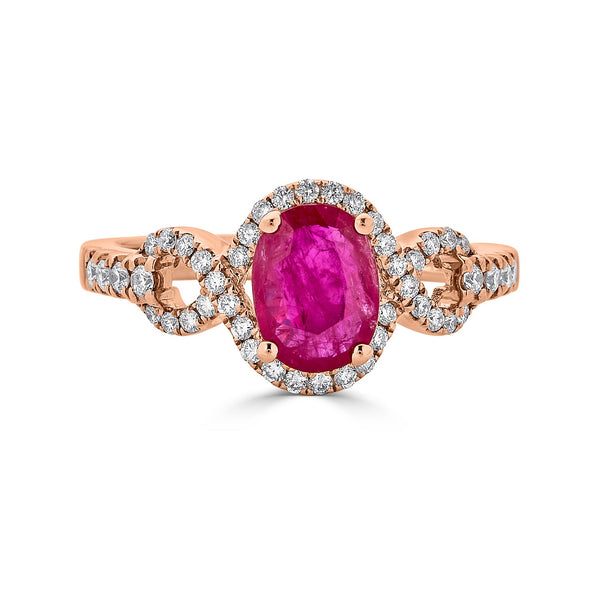 1.13ct Ruby ring with 0.34tct diamonds set in14K rose gold