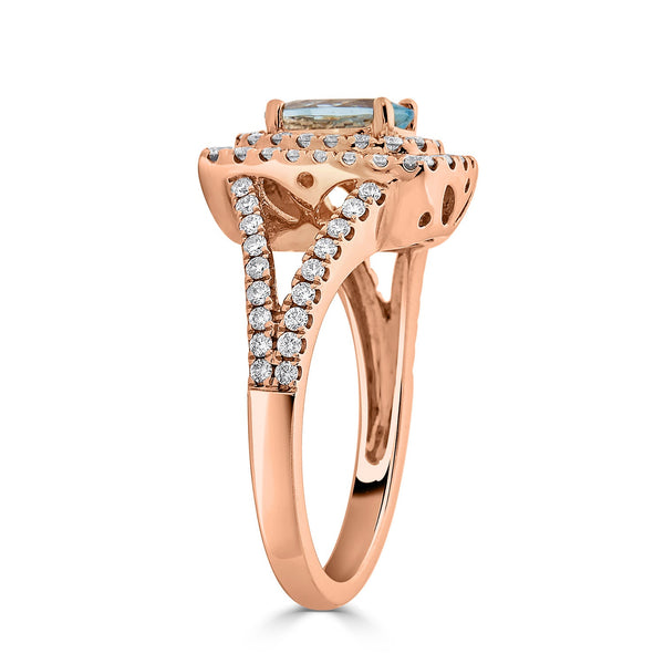 0.78ct Aquamarine ring with 0.72tct diamonds set in 14K rose gold