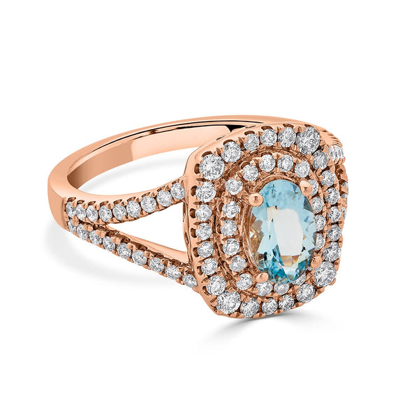 0.78ct Aquamarine ring with 0.72tct diamonds set in 14K rose gold