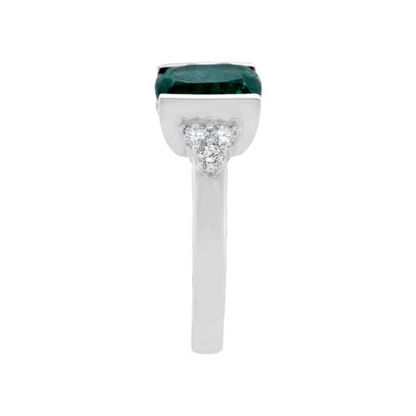 Deep Green 2.93Ct Cushion Cut Emerald Open Bezel Ring With 0.30Tct Diamond In 14Kt White Gold Ring