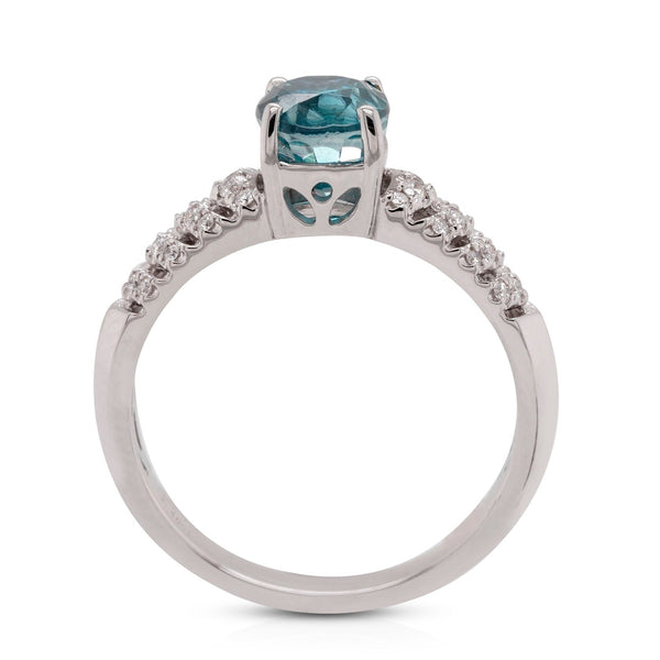 Elegant 2.40ct Blue Zircon Ringa With 0.15tct Diamond Pave 14Kt White Gold Band