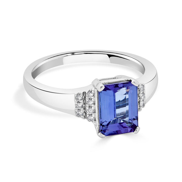 1.70ct Tanzanite ring with 0.08tct diamonds set in 14K white gold