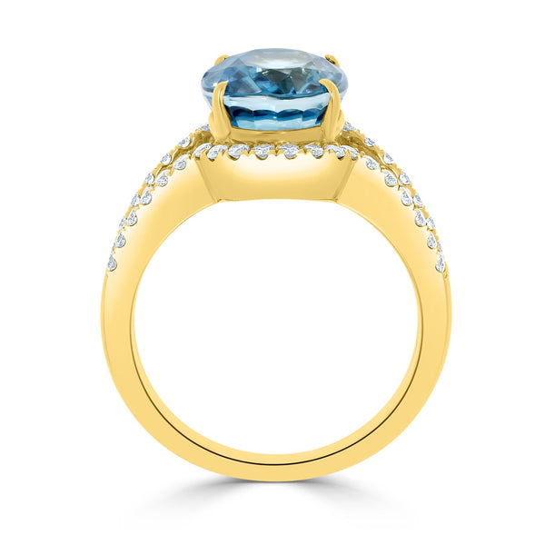 6.92ct Blue Zircon Ring with 0.41tct diamonds set in 14kt yellow gold