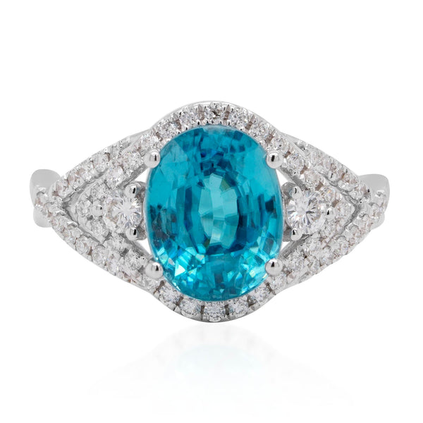 4.99ct Blue Zircon Ring With 0.47tct Diamonds Set In 14kt White Gold