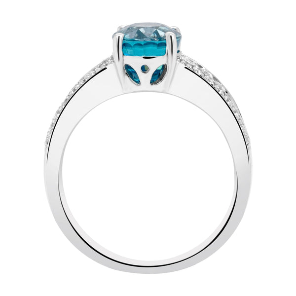 4.37ct Blue Zircon Ring With 0.34tct Diamonds Set In 14kt White Gold