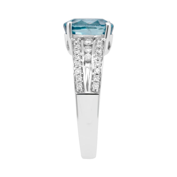 4.37ct Blue Zircon Ring With 0.34tct Diamonds Set In 14kt White Gold