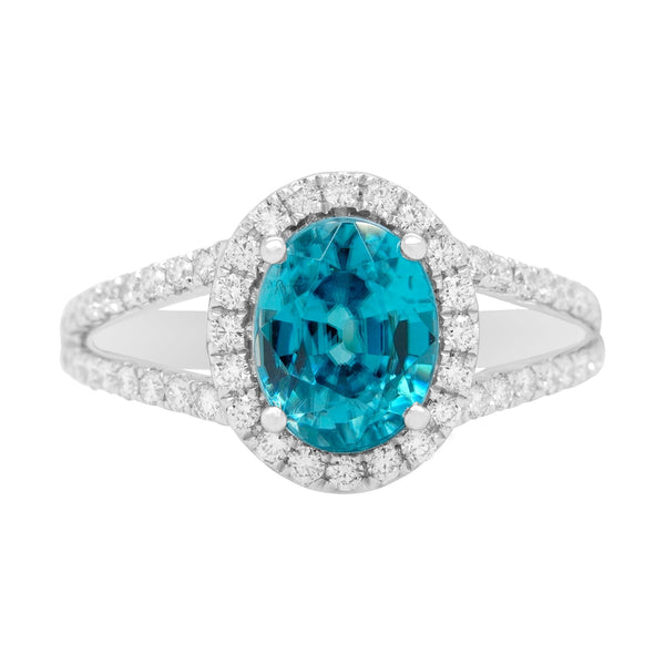 3.83ct Blue Zircon Ring With 0.52tct Diamonds Set In 14kt White Gold