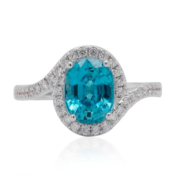 3.96ct Blue Zircon Ring With 0.34tct Diamonds Set In 14kt White Gold