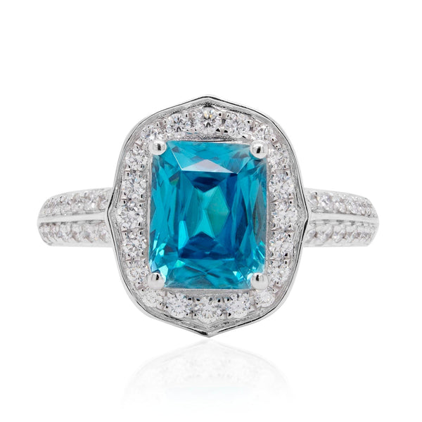 4.08ct Blue Zircon Ring With 0.47tct Diamonds Set In 14kt White Gold