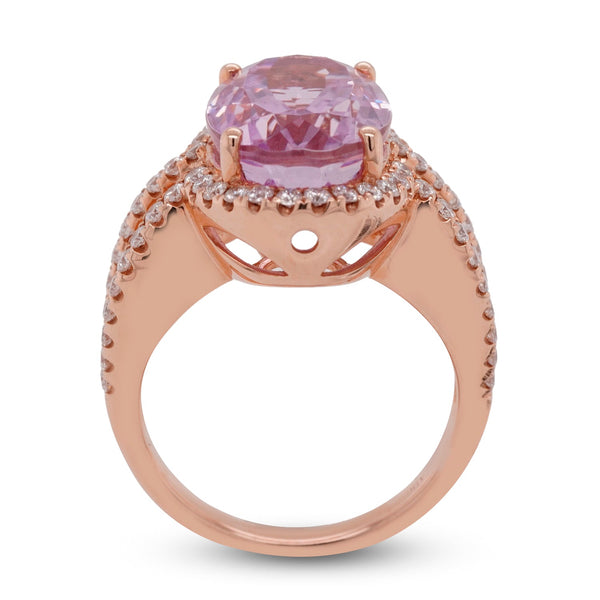 8.2ct Kunzite ring with 0.72ct diamonds set in 14K rose gold