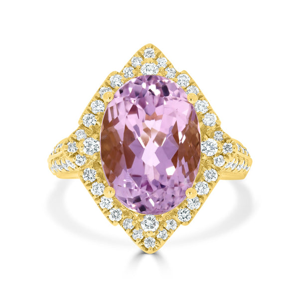 7.87ct Kunzite Ring with 0.65tct Diamonds set in 14K Yellow Gold