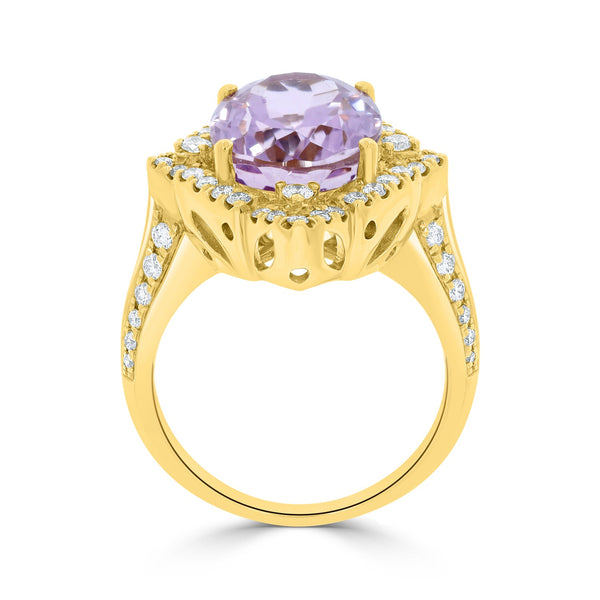 7.87ct Kunzite Ring with 0.65tct Diamonds set in 14K Yellow Gold