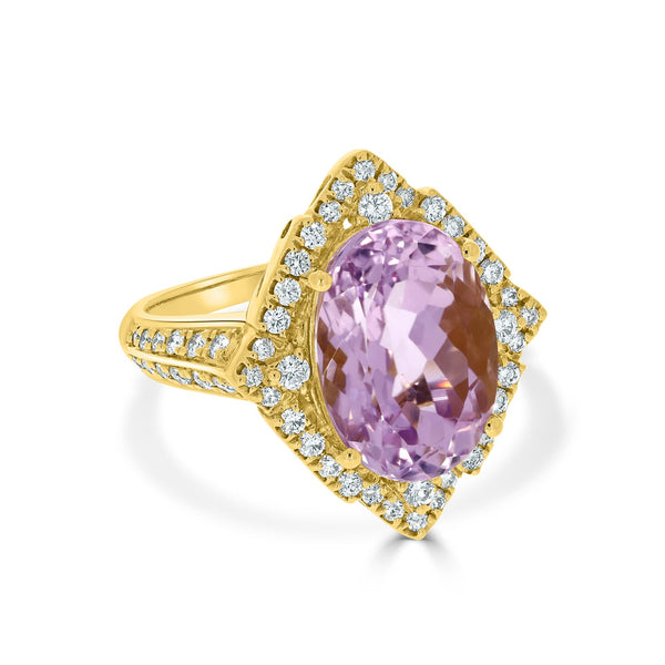 7.87ct Kunzite Ring with 0.65tct Diamonds set in 14K Yellow Gold