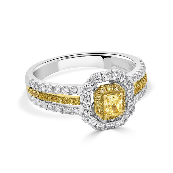 0.29ct Yellow Diamond ring with 0.65tct diamonds set in 18K two tone gold