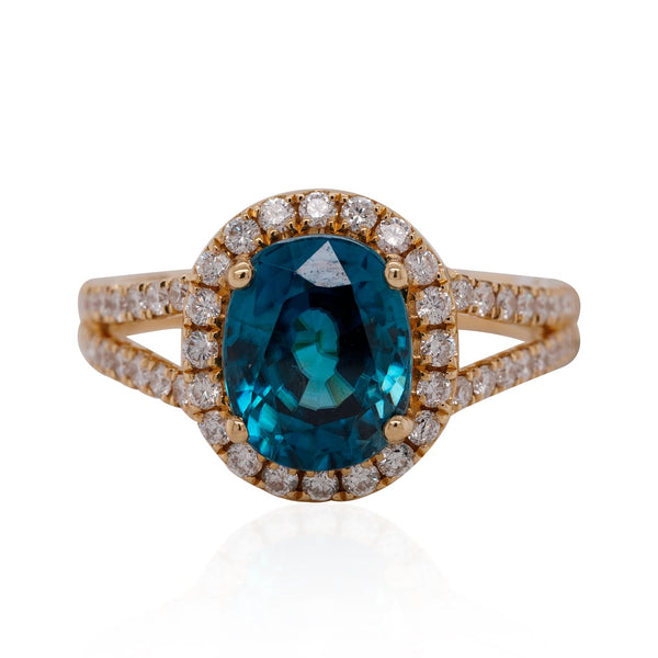 4.86ct Blue Zircon Rings with 0.54tct Diamond accents set in 14K yellow gold