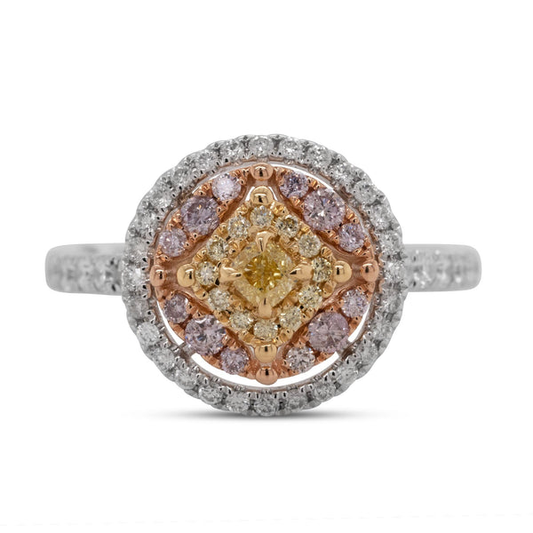 0.14Ct Yellow Diamond Ring Wtih 0.68Tct Diamonds In 18K Two Tone Gold