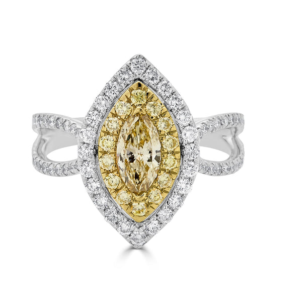 0.40tct Yellow Diamond ring with 0.75tct diamond accents set in 14K two tone gold