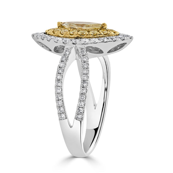 0.40tct Yellow Diamond ring with 0.75tct diamond accents set in 14K two tone gold