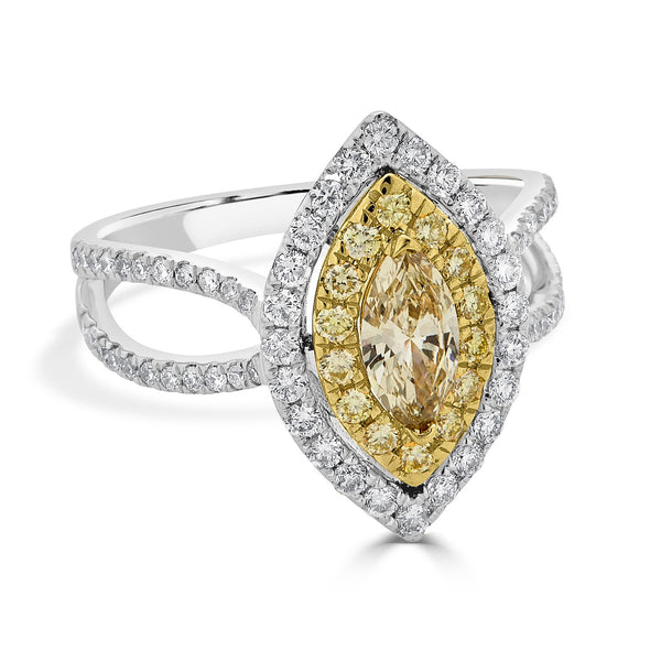 0.40tct Yellow Diamond ring with 0.75tct diamond accents set in 14K two tone gold